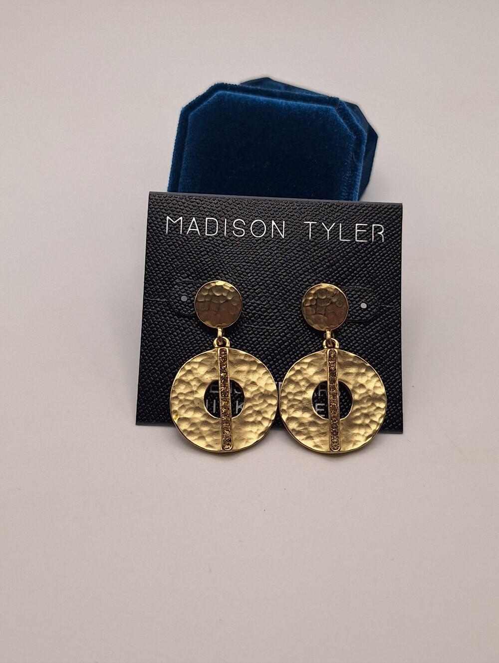 Madison Tyler Gold Hammered Rhinestone Drop Statement Earrings NWT